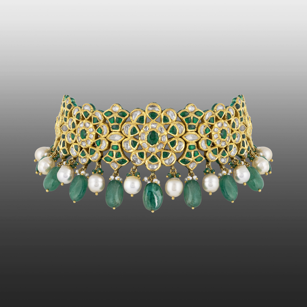 Floral Polki Choker with Green Talaf, Emerald & Pearl Drops